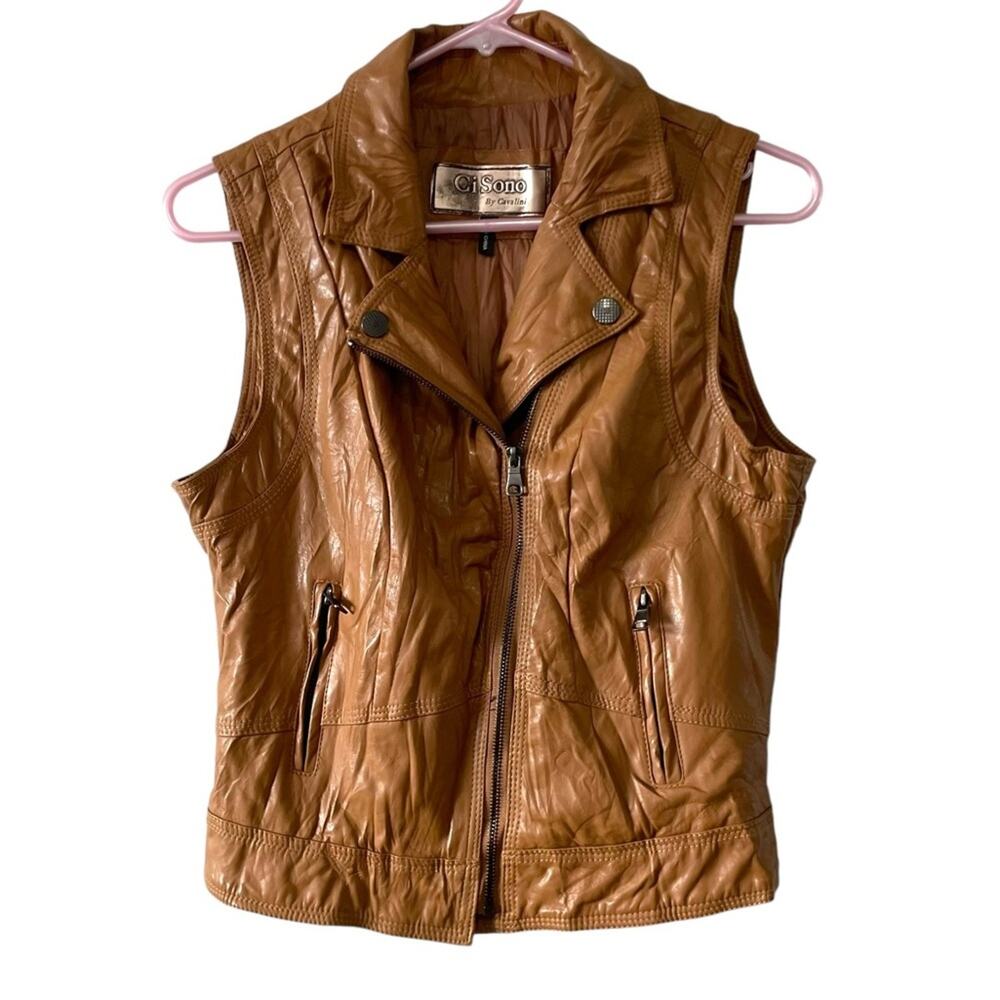Ci Sono by Cavalini Faux Leather Moto Vest | Tan | Size Small